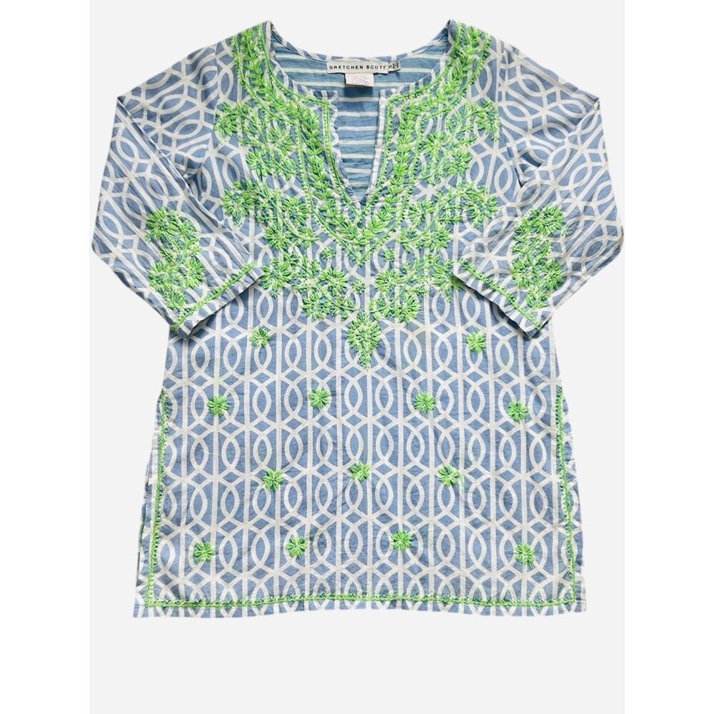 Gretchen Scott Tunic Womens Small Blue Green Embroidered Boho Resort Cotton Top